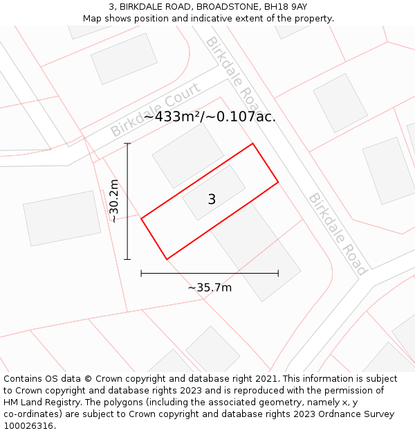 3, BIRKDALE ROAD, BROADSTONE, BH18 9AY: Plot and title map