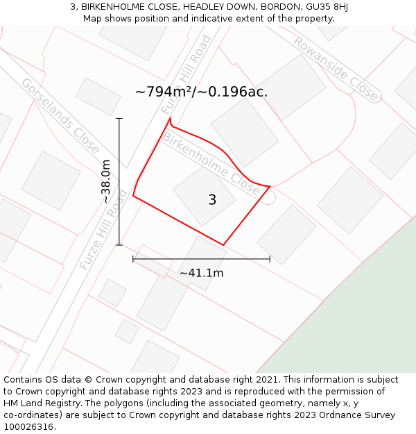 3, BIRKENHOLME CLOSE, HEADLEY DOWN, BORDON, GU35 8HJ: Plot and title map