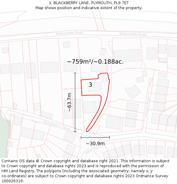 3, BLACKBERRY LANE, PLYMOUTH, PL9 7ET: Plot and title map