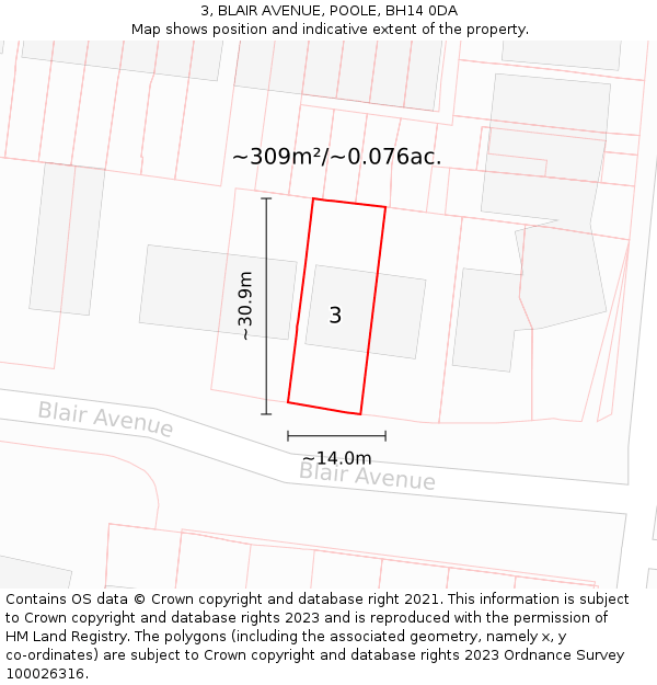 3, BLAIR AVENUE, POOLE, BH14 0DA: Plot and title map