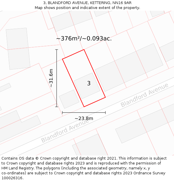 3, BLANDFORD AVENUE, KETTERING, NN16 9AR: Plot and title map