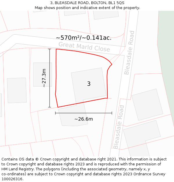 3, BLEASDALE ROAD, BOLTON, BL1 5QS: Plot and title map