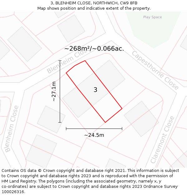 3, BLENHEIM CLOSE, NORTHWICH, CW9 8FB: Plot and title map