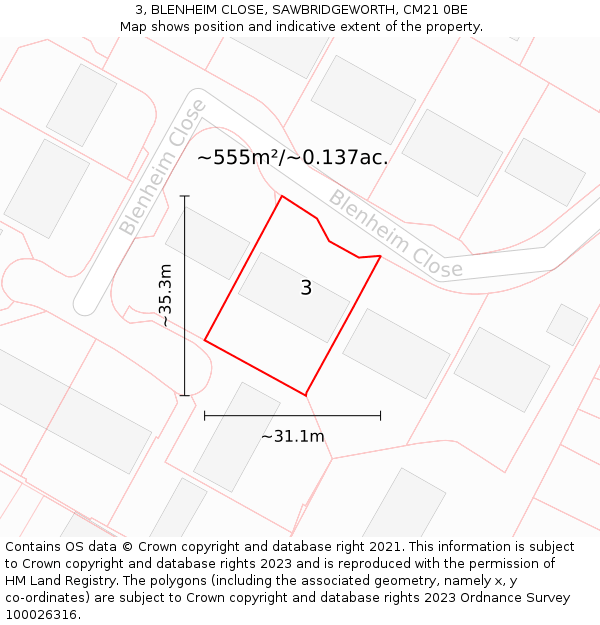 3, BLENHEIM CLOSE, SAWBRIDGEWORTH, CM21 0BE: Plot and title map