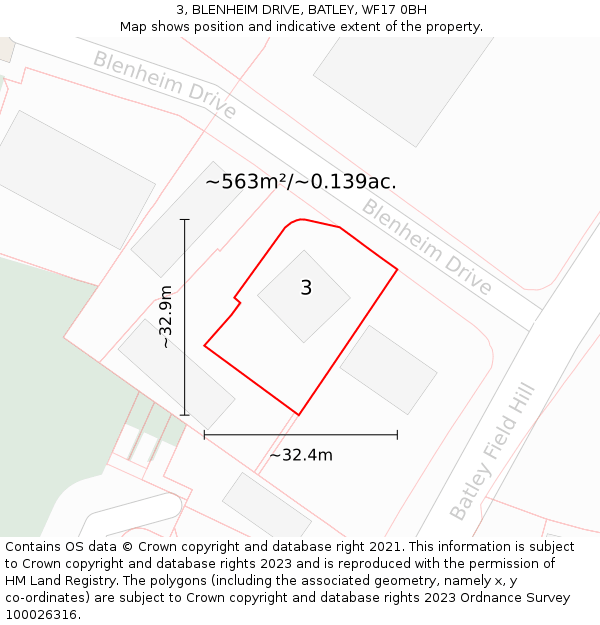 3, BLENHEIM DRIVE, BATLEY, WF17 0BH: Plot and title map