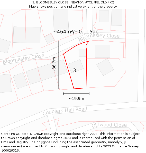 3, BLOOMESLEY CLOSE, NEWTON AYCLIFFE, DL5 4XQ: Plot and title map