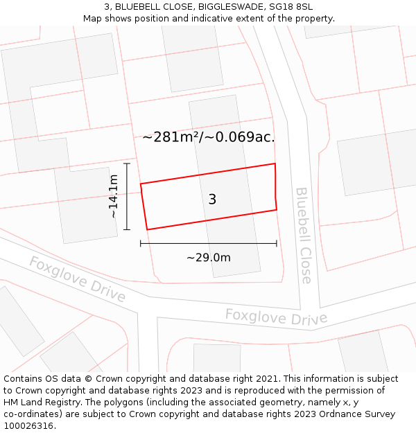 3, BLUEBELL CLOSE, BIGGLESWADE, SG18 8SL: Plot and title map