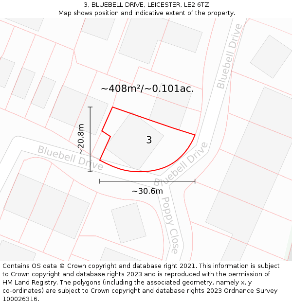 3, BLUEBELL DRIVE, LEICESTER, LE2 6TZ: Plot and title map