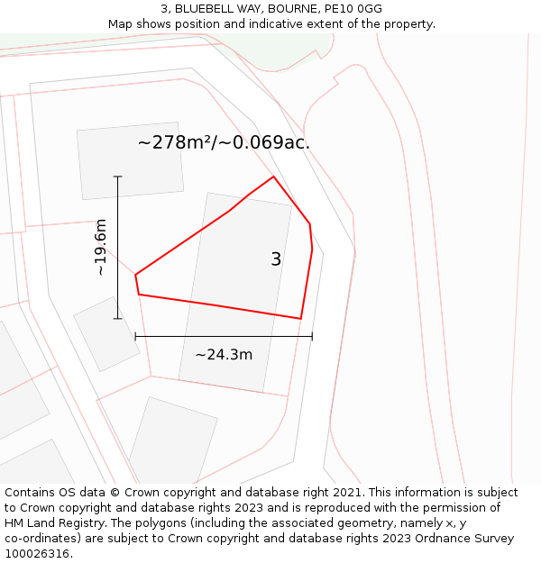 3, BLUEBELL WAY, BOURNE, PE10 0GG: Plot and title map
