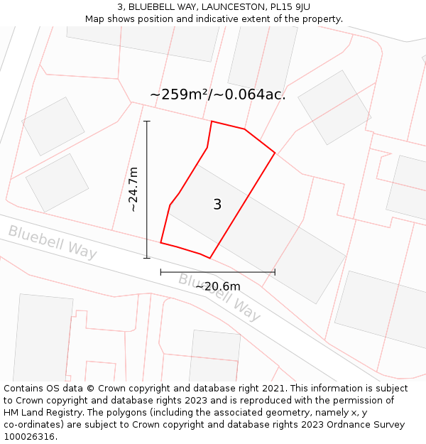 3, BLUEBELL WAY, LAUNCESTON, PL15 9JU: Plot and title map