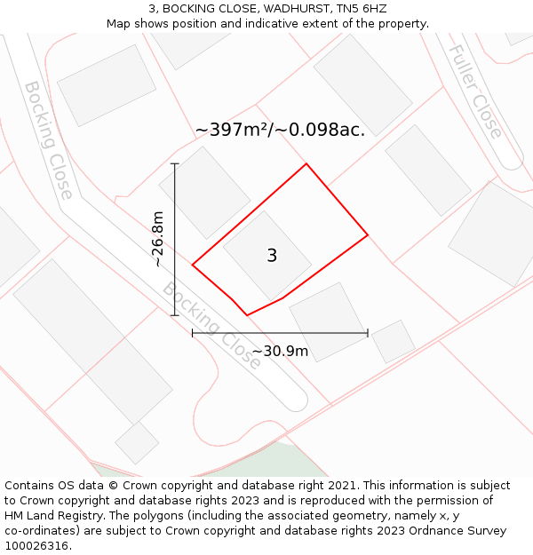 3, BOCKING CLOSE, WADHURST, TN5 6HZ: Plot and title map