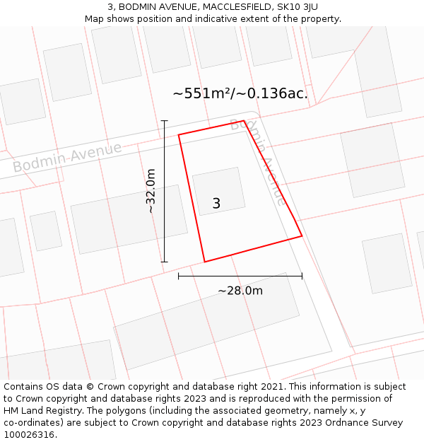 3, BODMIN AVENUE, MACCLESFIELD, SK10 3JU: Plot and title map