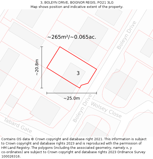 3, BOLEYN DRIVE, BOGNOR REGIS, PO21 3LG: Plot and title map