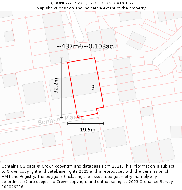 3, BONHAM PLACE, CARTERTON, OX18 1EA: Plot and title map