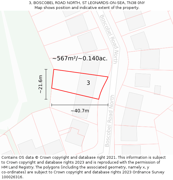 3, BOSCOBEL ROAD NORTH, ST LEONARDS-ON-SEA, TN38 0NY: Plot and title map