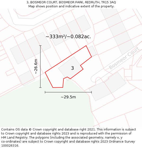 3, BOSMEOR COURT, BOSMEOR PARK, REDRUTH, TR15 3AQ: Plot and title map