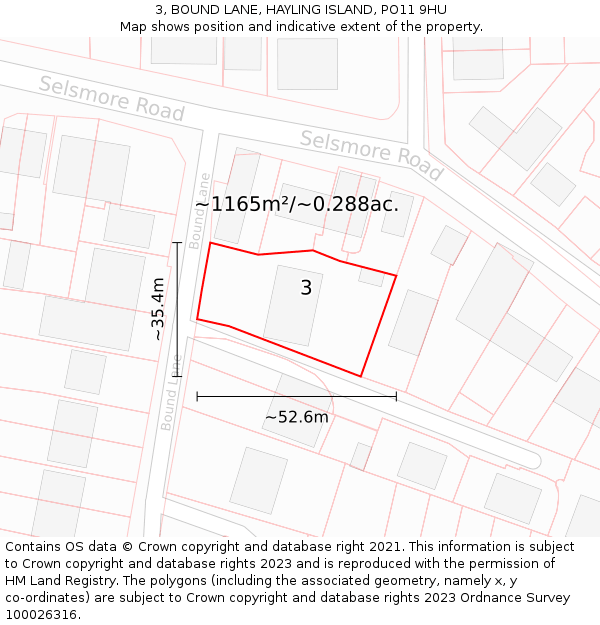 3, BOUND LANE, HAYLING ISLAND, PO11 9HU: Plot and title map