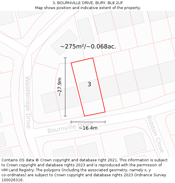 3, BOURNVILLE DRIVE, BURY, BL8 2UF: Plot and title map