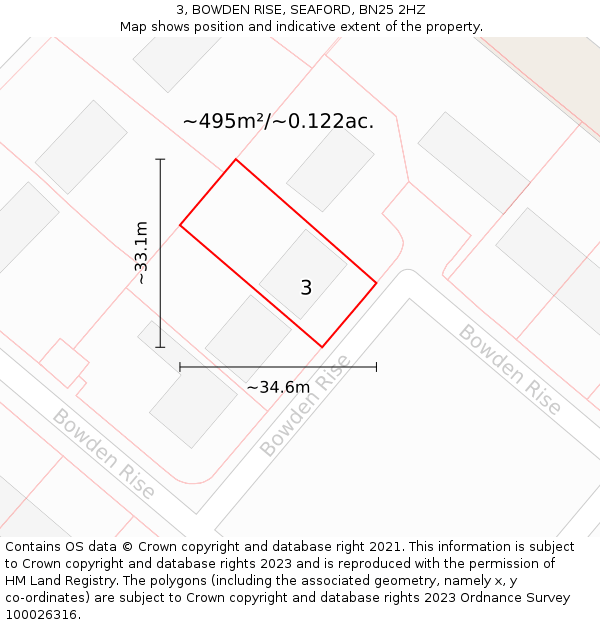 3, BOWDEN RISE, SEAFORD, BN25 2HZ: Plot and title map