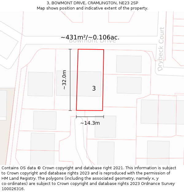 3, BOWMONT DRIVE, CRAMLINGTON, NE23 2SP: Plot and title map