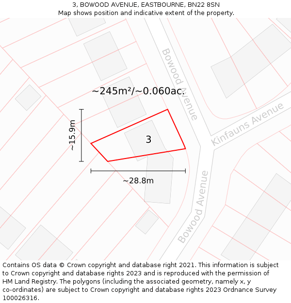 3, BOWOOD AVENUE, EASTBOURNE, BN22 8SN: Plot and title map