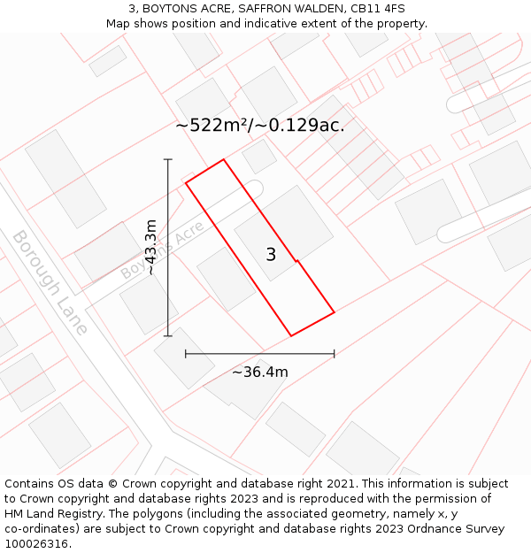 3, BOYTONS ACRE, SAFFRON WALDEN, CB11 4FS: Plot and title map