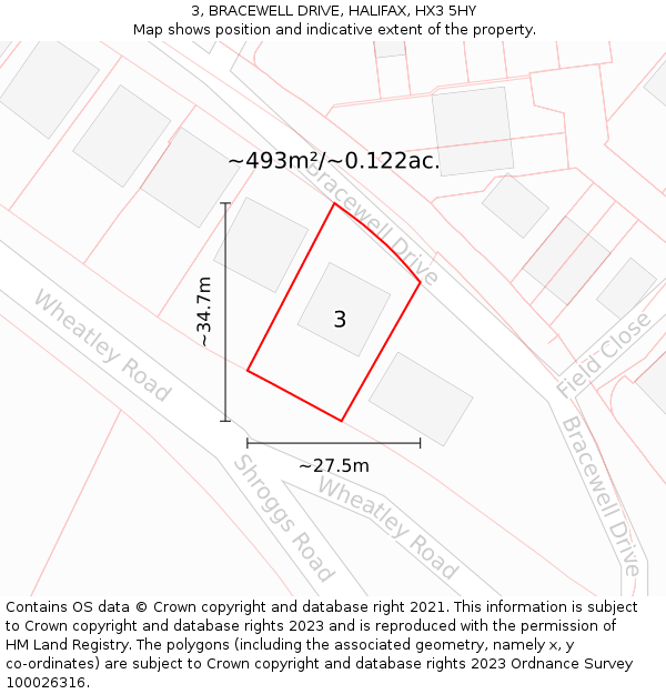 3, BRACEWELL DRIVE, HALIFAX, HX3 5HY: Plot and title map