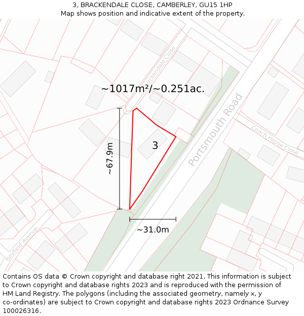 3, BRACKENDALE CLOSE, CAMBERLEY, GU15 1HP: Plot and title map