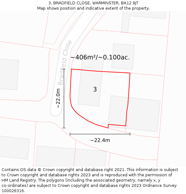 3, BRADFIELD CLOSE, WARMINSTER, BA12 9JT: Plot and title map