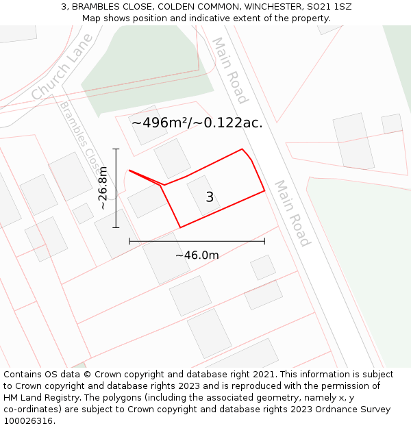 3, BRAMBLES CLOSE, COLDEN COMMON, WINCHESTER, SO21 1SZ: Plot and title map