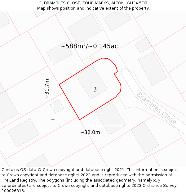 3, BRAMBLES CLOSE, FOUR MARKS, ALTON, GU34 5DR: Plot and title map