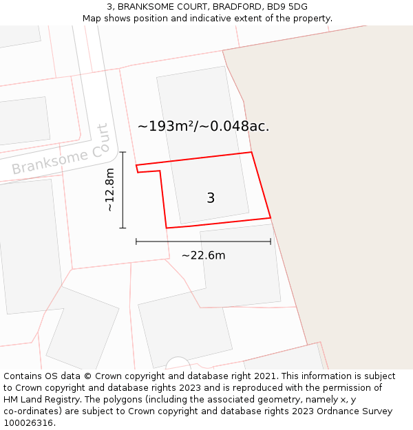 3, BRANKSOME COURT, BRADFORD, BD9 5DG: Plot and title map