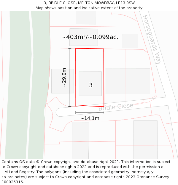 3, BRIDLE CLOSE, MELTON MOWBRAY, LE13 0SW: Plot and title map