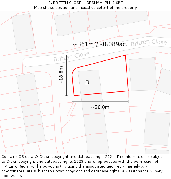 3, BRITTEN CLOSE, HORSHAM, RH13 6RZ: Plot and title map