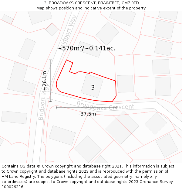 3, BROADOAKS CRESCENT, BRAINTREE, CM7 9FD: Plot and title map