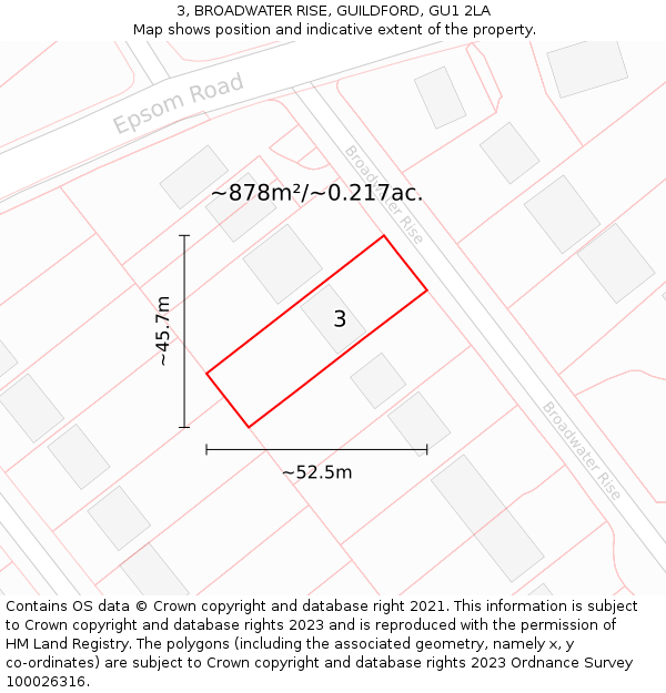 3, BROADWATER RISE, GUILDFORD, GU1 2LA: Plot and title map