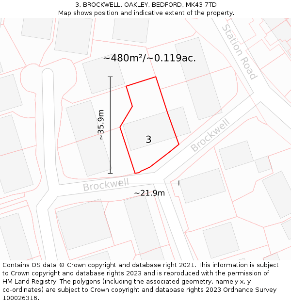 3, BROCKWELL, OAKLEY, BEDFORD, MK43 7TD: Plot and title map