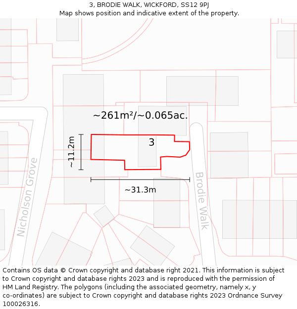 3, BRODIE WALK, WICKFORD, SS12 9PJ: Plot and title map