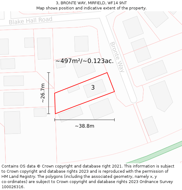 3, BRONTE WAY, MIRFIELD, WF14 9NT: Plot and title map