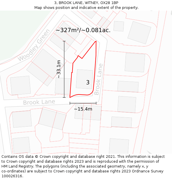 3, BROOK LANE, WITNEY, OX28 1BP: Plot and title map