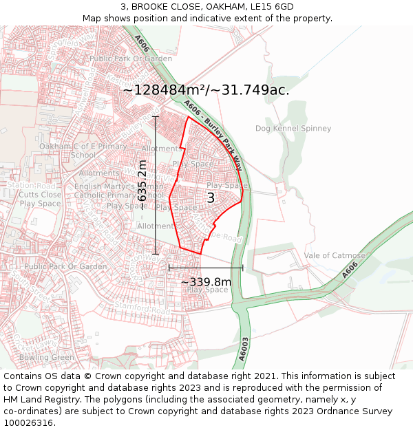 3, BROOKE CLOSE, OAKHAM, LE15 6GD: Plot and title map