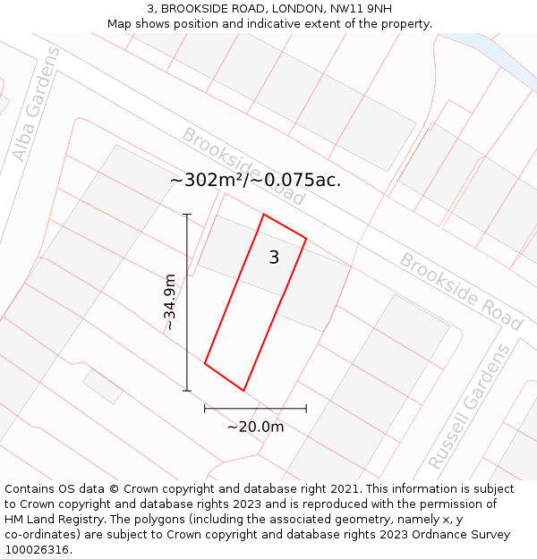 3, BROOKSIDE ROAD, LONDON, NW11 9NH: Plot and title map