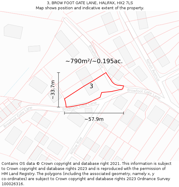 3, BROW FOOT GATE LANE, HALIFAX, HX2 7LS: Plot and title map