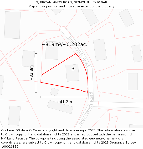 3, BROWNLANDS ROAD, SIDMOUTH, EX10 9AR: Plot and title map