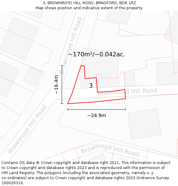 3, BROWNROYD HILL ROAD, BRADFORD, BD6 1RZ: Plot and title map