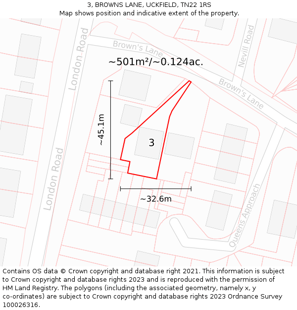 3, BROWNS LANE, UCKFIELD, TN22 1RS: Plot and title map