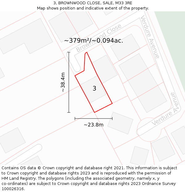 3, BROWNWOOD CLOSE, SALE, M33 3RE: Plot and title map