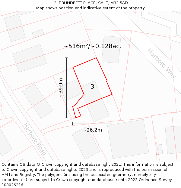 3, BRUNDRETT PLACE, SALE, M33 5AD: Plot and title map