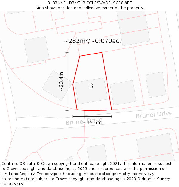 3, BRUNEL DRIVE, BIGGLESWADE, SG18 8BT: Plot and title map