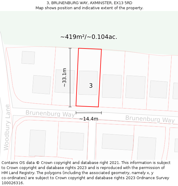 3, BRUNENBURG WAY, AXMINSTER, EX13 5RD: Plot and title map